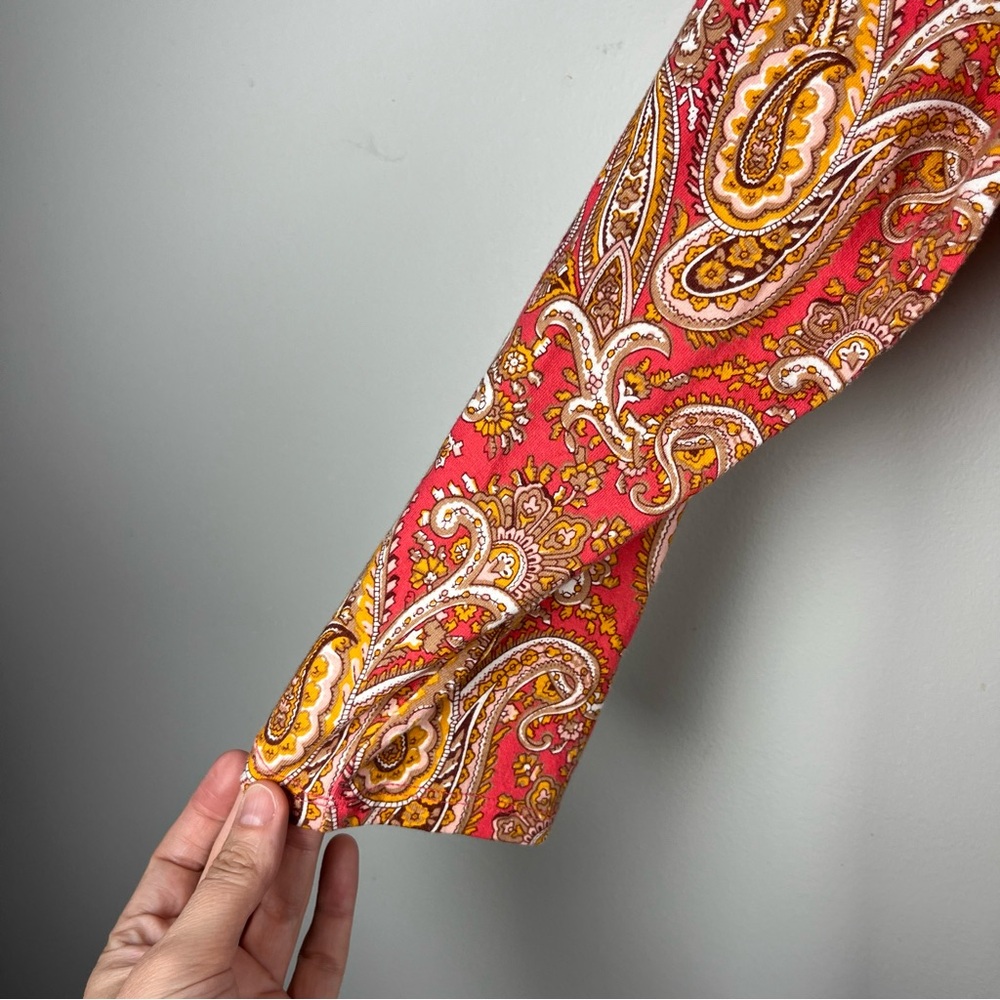 Talbots Faux Wrap Coral Tan Paisley Ruched Surplice Top Blouse Work Fall Large - Picture 4 of 8